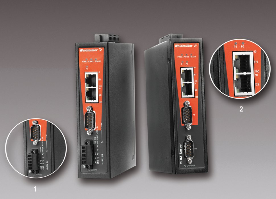 Weidmüller's serial/Ethernet converters equipped with one or two ports for industrial automation. – Simplifies integration of serial devices in industrial Ethernet networks